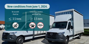 The two vans are Mercedes-Benz models illustrating the upcoming change in road taxation based on vehicle weight.