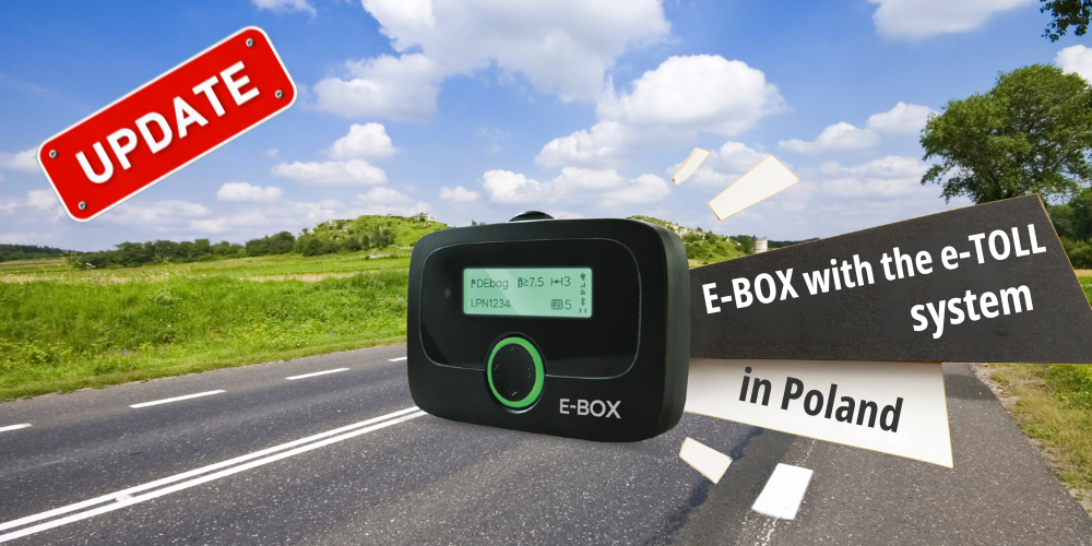 E-BOX device on a road with text about e-TOLL system in Poland.