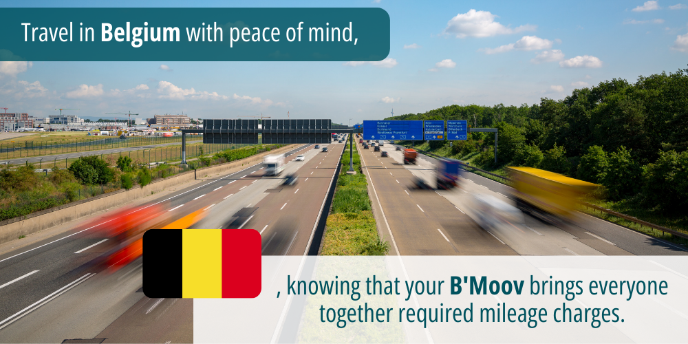 Belgian highway with moving vehicles and text about B'Moov collecting necessary toll fees.