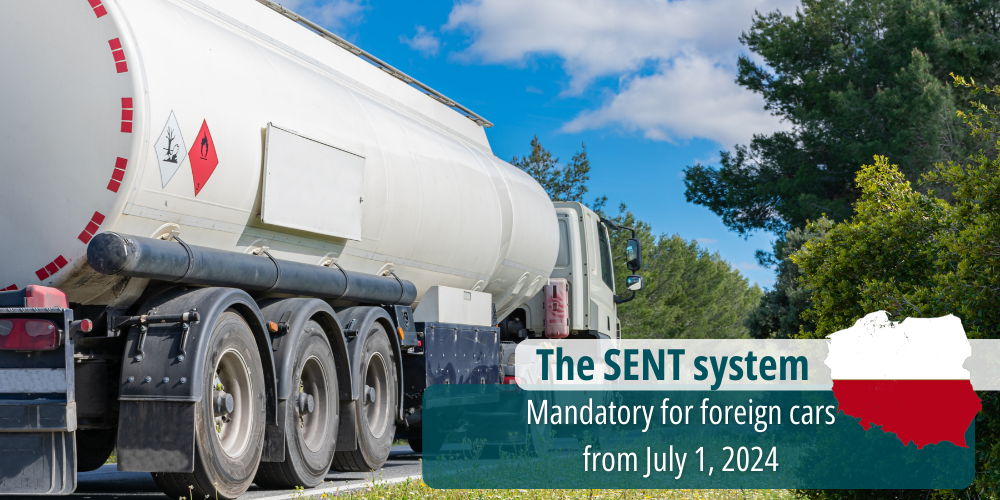 A tanker truck on a road with text about the SENT system mandatory for foreign vehicles from July 1, 2024.